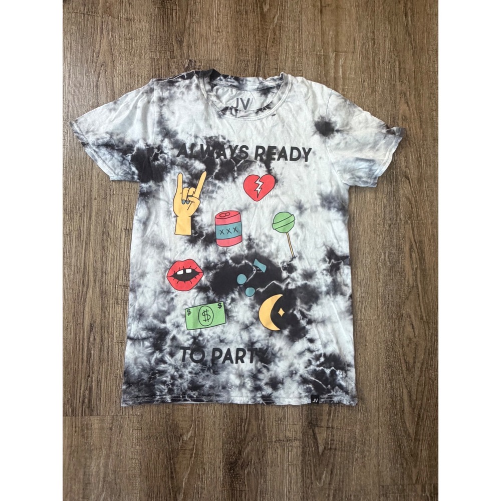 Jac Vanek Always Ready To Party Tie Dye Graphic T-Shirt Small Black White Cotton